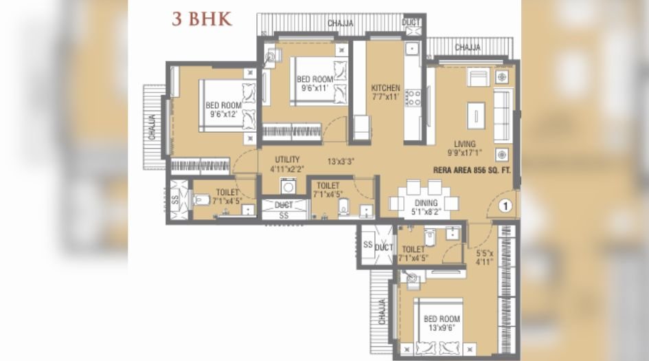 Swastik-Avighna-3BHK-860Sqft-Unit-Plan